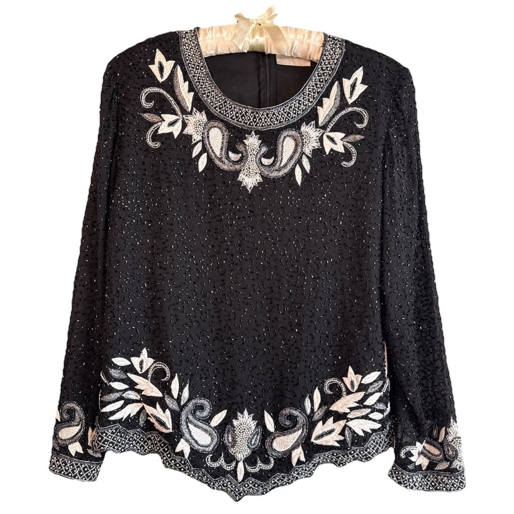 Drapers & Damons Womens Blouse Black Paisley‎ Heavily Beaded Formal Asymmetric M